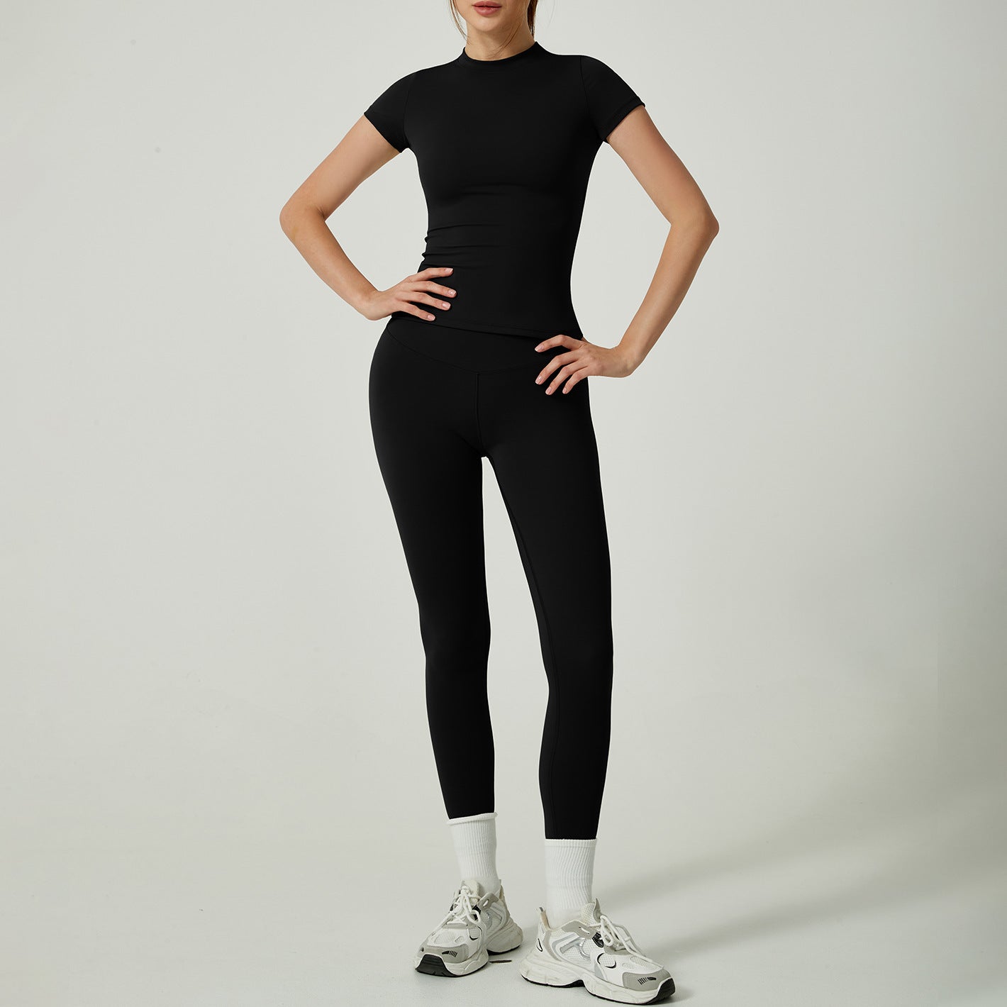 Yoga Clothes Women's Two-piece Round Neck Short Sleeve Tight Trousers