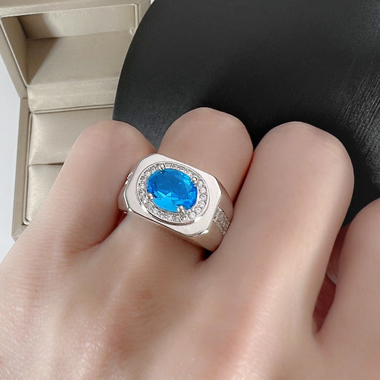 Fashion Oval Diamond Inlaid Color Gemstone Ring Blue Stone Ring