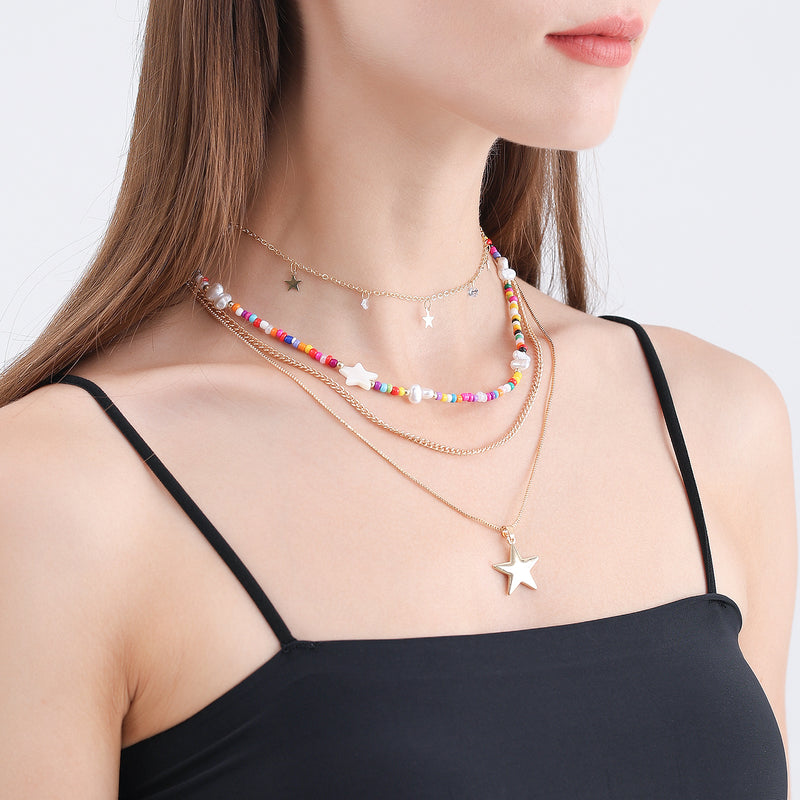 Bohemian Contrast Color Bead Five-pointed Star Necklace