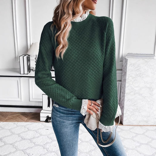 Pure Color Ribbon Women's Viscose Knitted Sweater With Lace Edge Fashionable All-matching