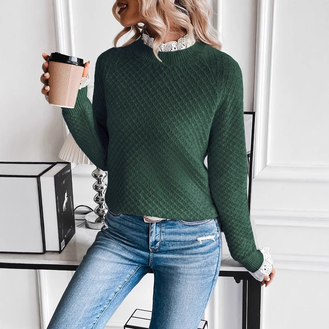 Pure Color Ribbon Women's Viscose Knitted Sweater With Lace Edge Fashionable All-matching