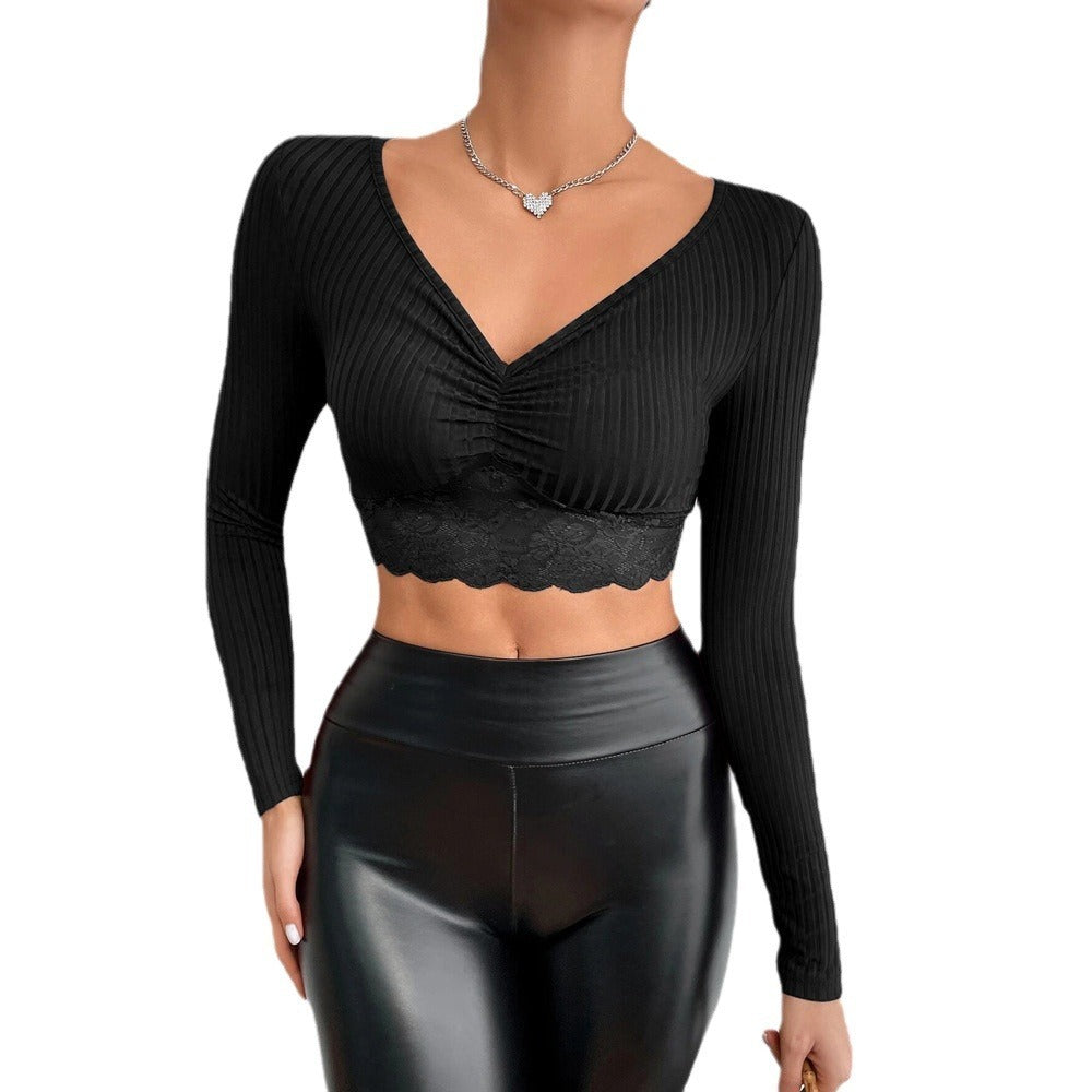 Solid Color Versatile Women's Top Short Inner Slim Fit Long Sleeve