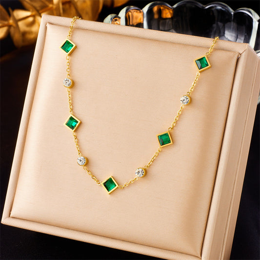Stainless Steel Cube Emerald Zircon Personality Simple Niche Does Not Fade Necklace
