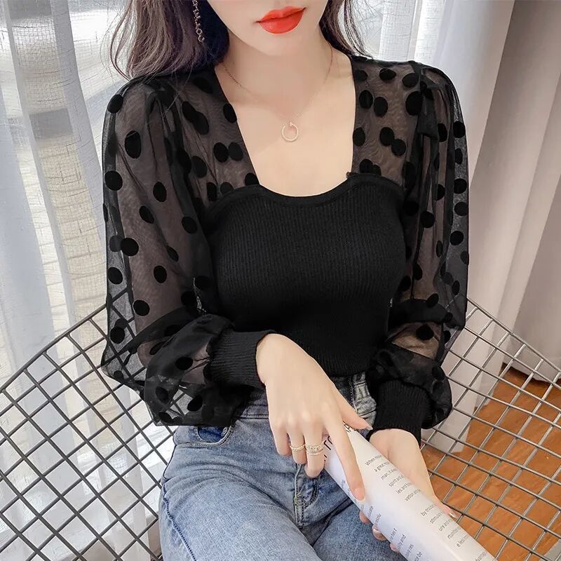 Mesh Puff Sleeve Stitching Ice Silk Top Women