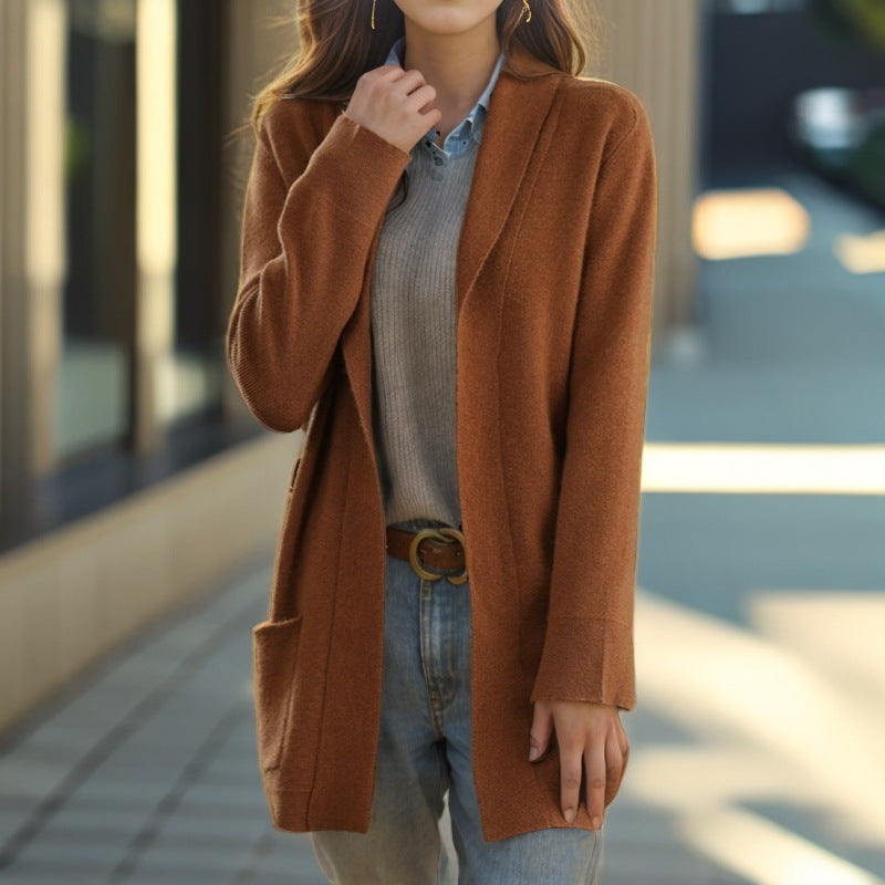 New Polo Collar Solid Color Long-sleeved Knitted Cardigan Loose Pockets Sweater Coat For Women