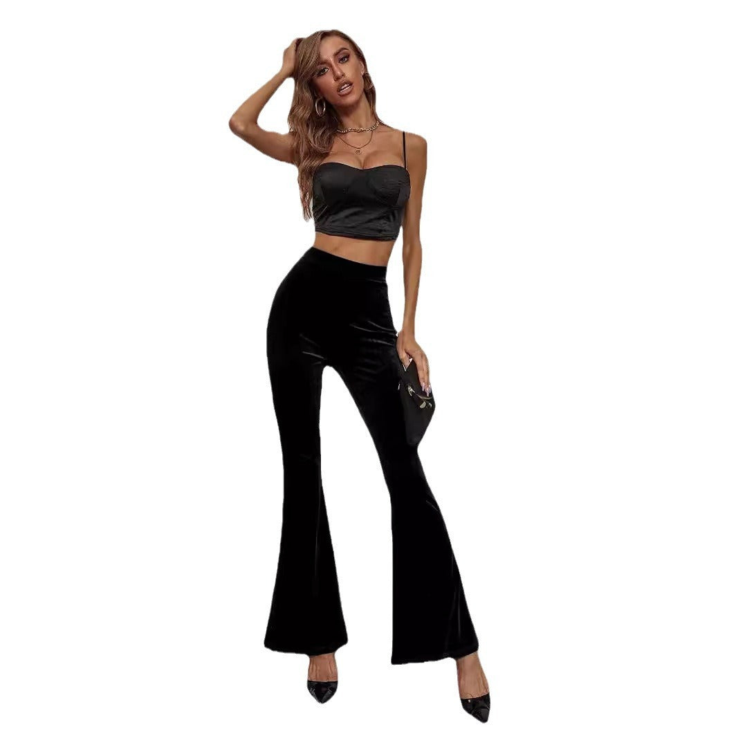 Women's Fashion Sexy Slim Solid Color High-Waist Velvet Flared Pants