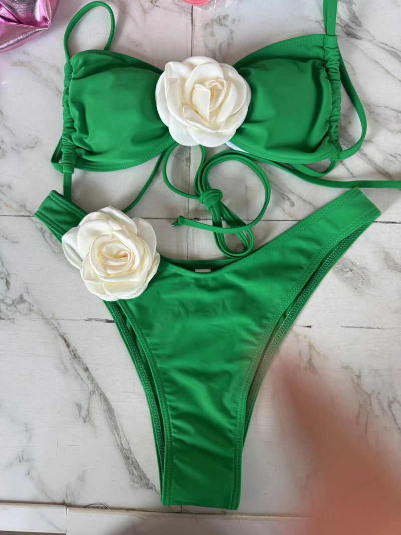 Women's Tube Top 3D Flower Bra Briefs