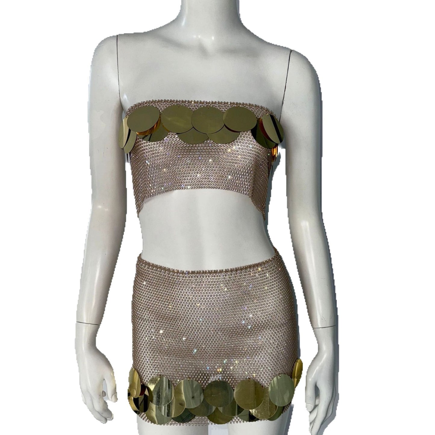Women's Fishnet Rhinestone Tube Top Skirt Two-piece Set