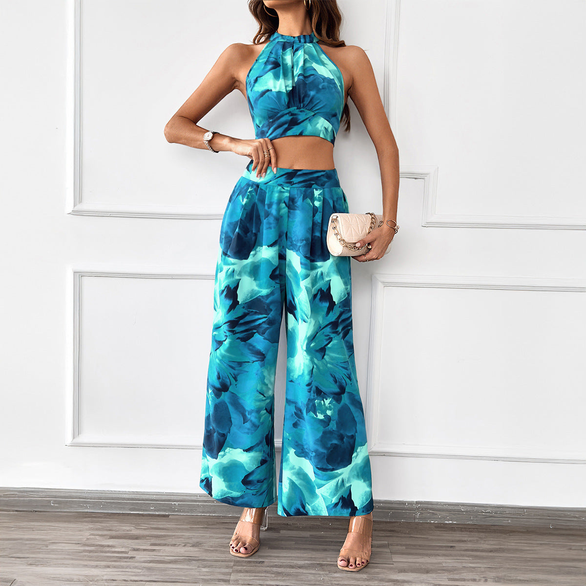 Leisure Commute Vacation Style Contrast Color Halter Top Wide-leg Pants Suit Women