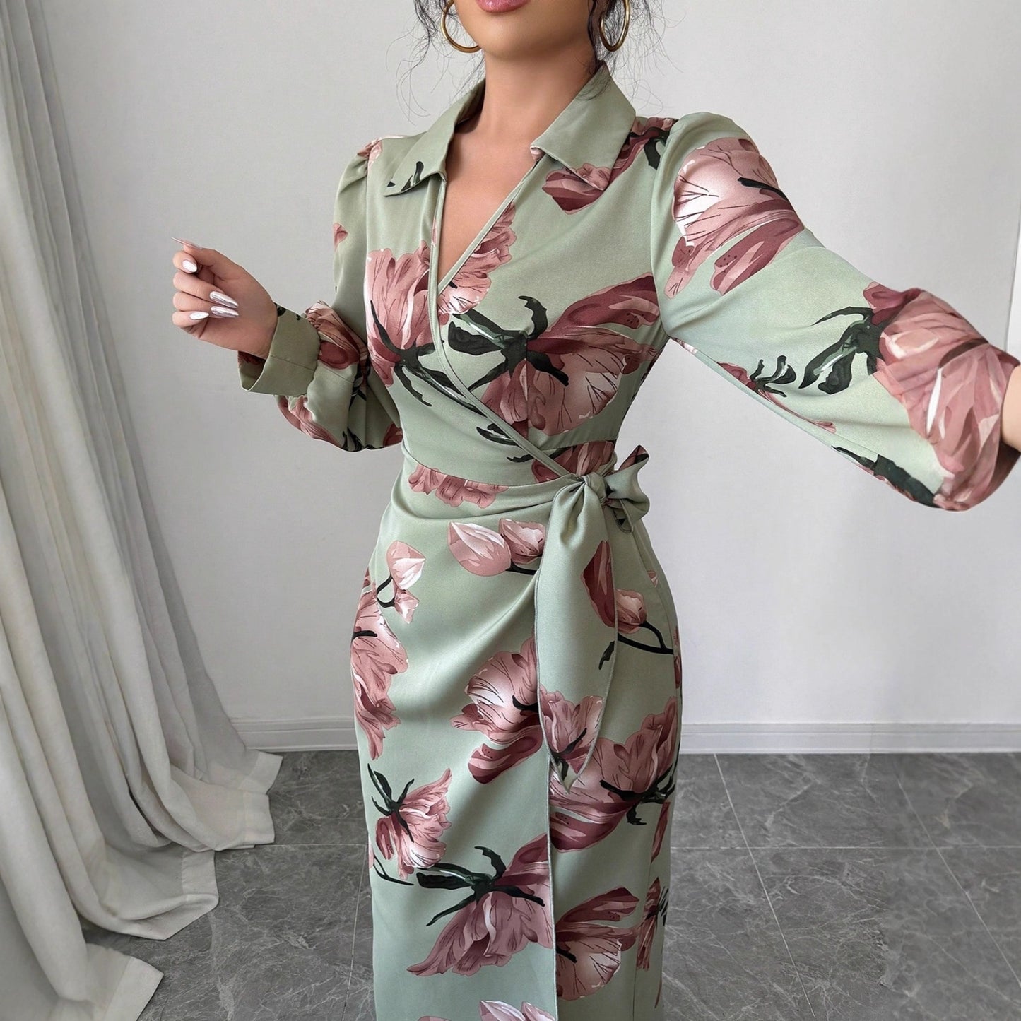 Long Sleeve Printed Tie Dress