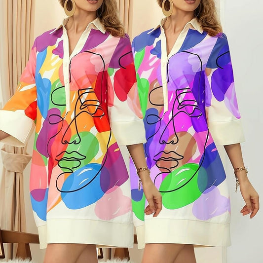 Printing Dress Polo Collar Solid Color