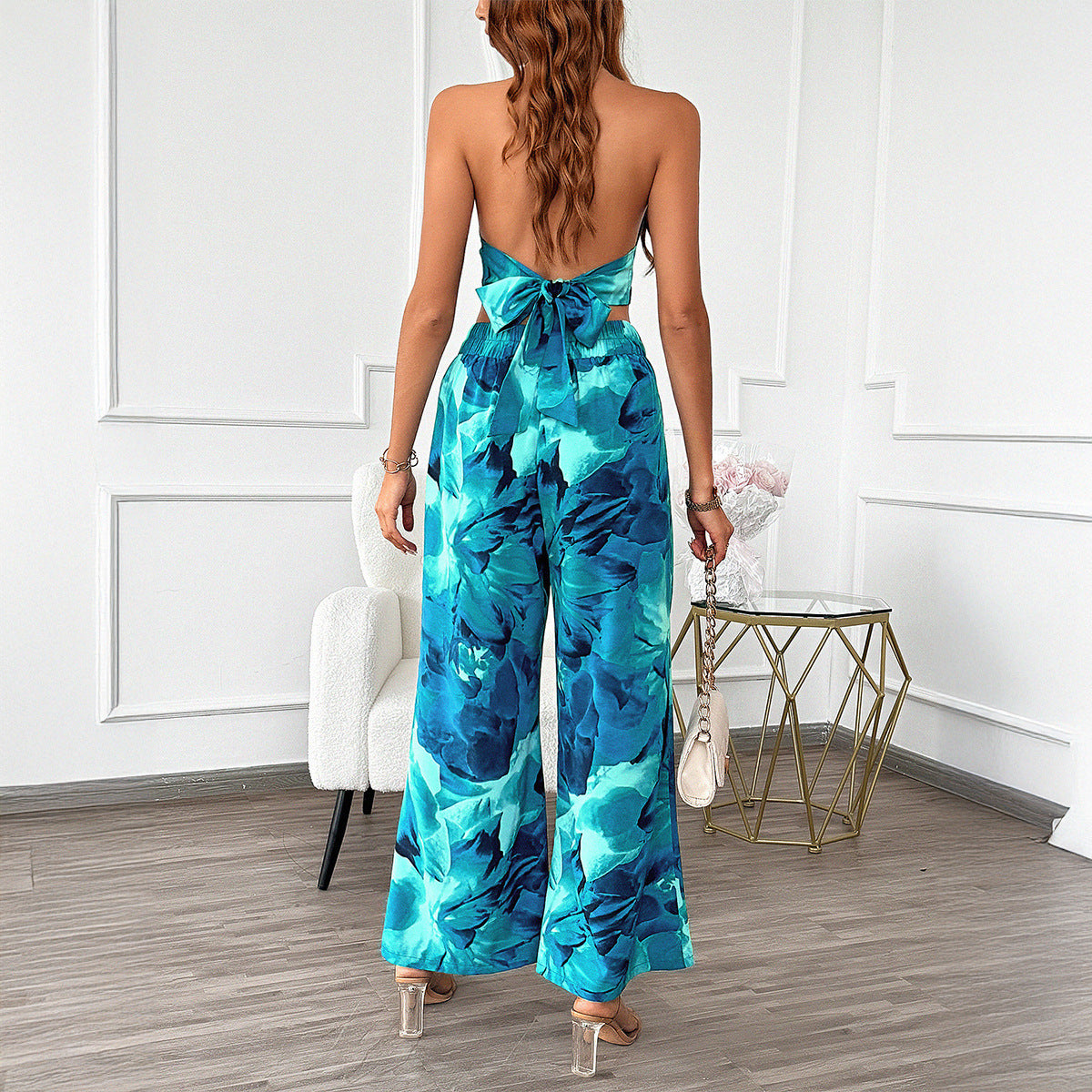 Leisure Commute Vacation Style Contrast Color Halter Top Wide-leg Pants Suit Women