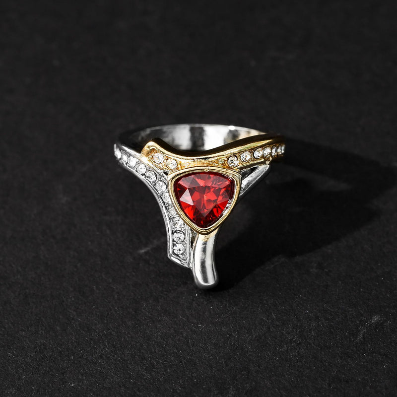 Gold Two-tone Personality Shield Triangle Pomegranate Zircon Ring