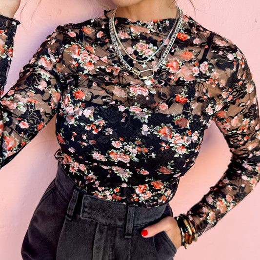 European And American Fashion Floral Print Slim Bottoming Shirt