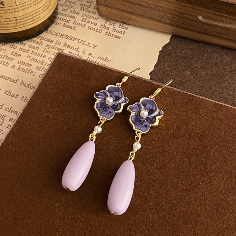 Original Temperament Drip Glazed Compact Purple Flower Pearl Stud Earrings