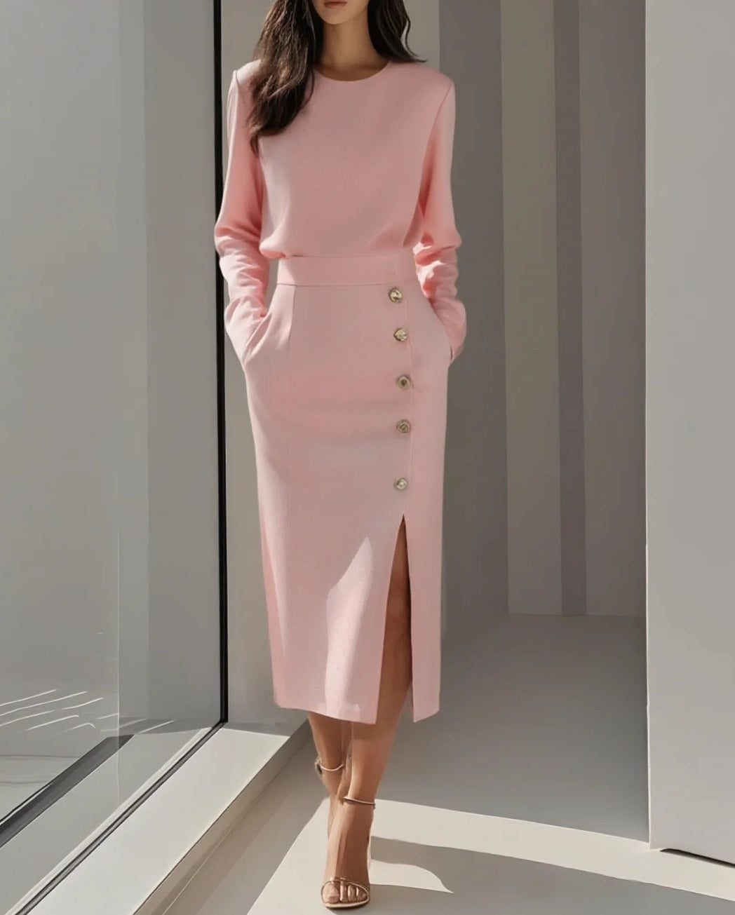 Long-sleeved Round Neck Waist-tie Button-decorated Slit Women's Dress