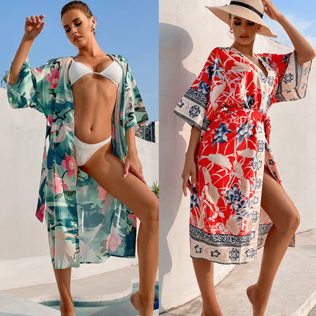 Women's Sun Protection Beachwear Dress Blouse Long Kimono Printed Sexy Bikini