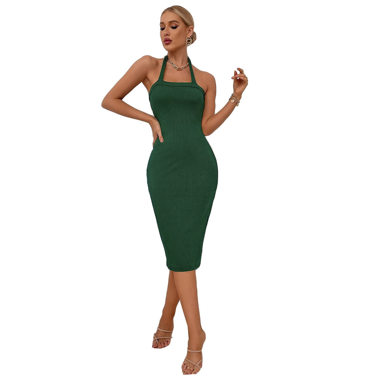Elegant Style New Ribbed Mid-waist Dress With A Neck Strap