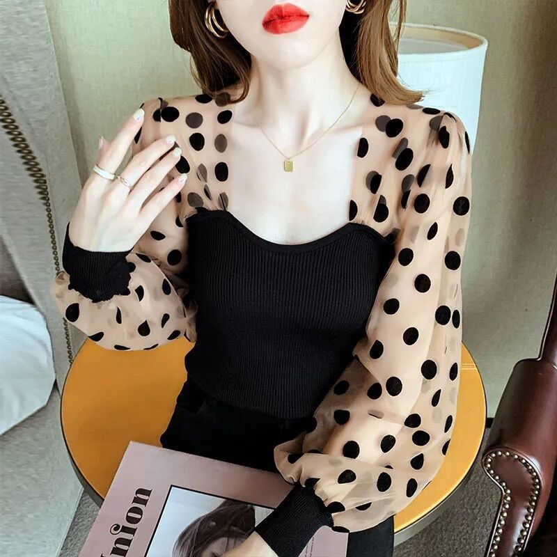 Mesh Puff Sleeve Stitching Ice Silk Top Women