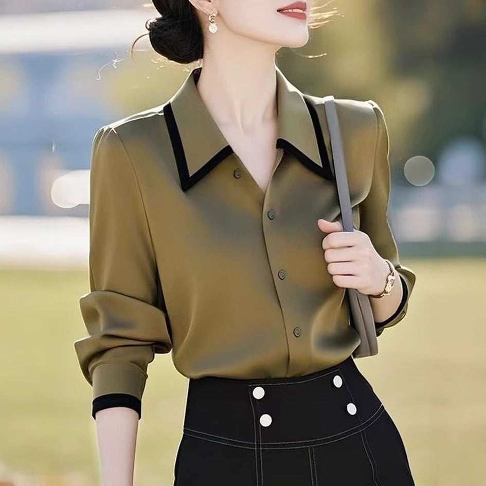Fashionable High-end Olive Green Lapel Long-sleeved Shirt