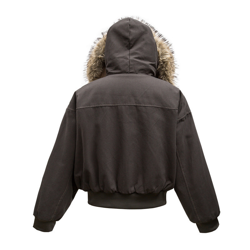 High Street Line Splicing Fur Collar Hood Cotton Coat Jacket